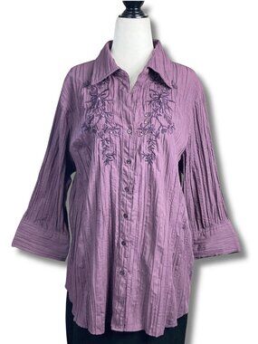 JESSICA Plus-size purple crinkle blouse w/ beaded floral embroidery 2X XXL top